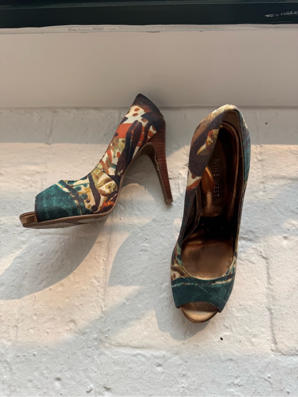 Nine West Teal & Brown Multicolor Peep-Toe Stiletto Heels